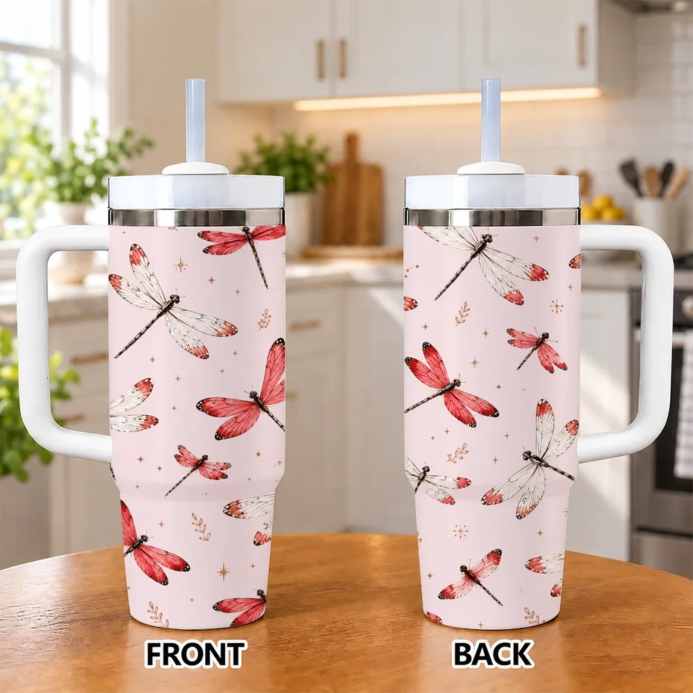 Pink Red Dragonfly Floral 40oz Tumbler with Handle Straw Insulated Travel Cup Cute Insect Gift