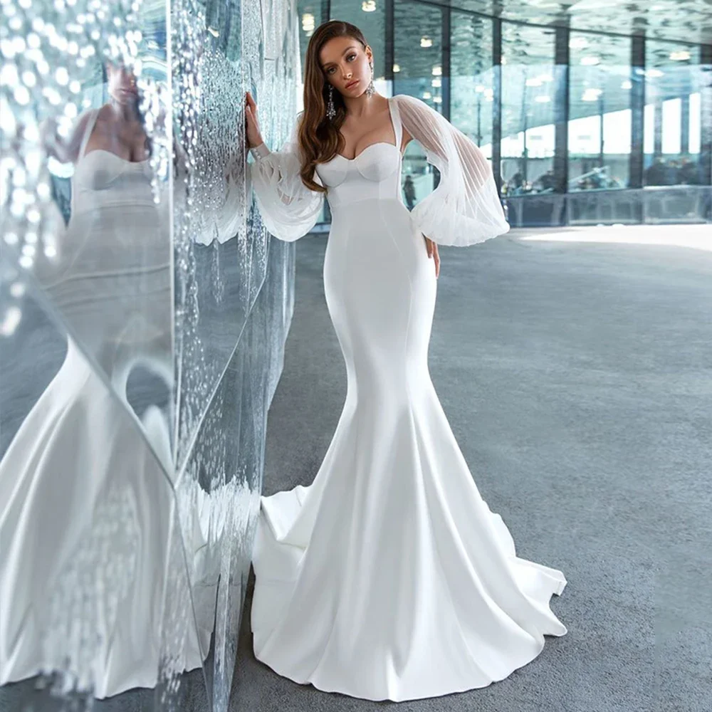 Customized 2025 Mermaid Satin Wedding Dress For Women Puff Sleeves Simple Trumpet Bridal Gown Sweetheart Backless Bride Dress