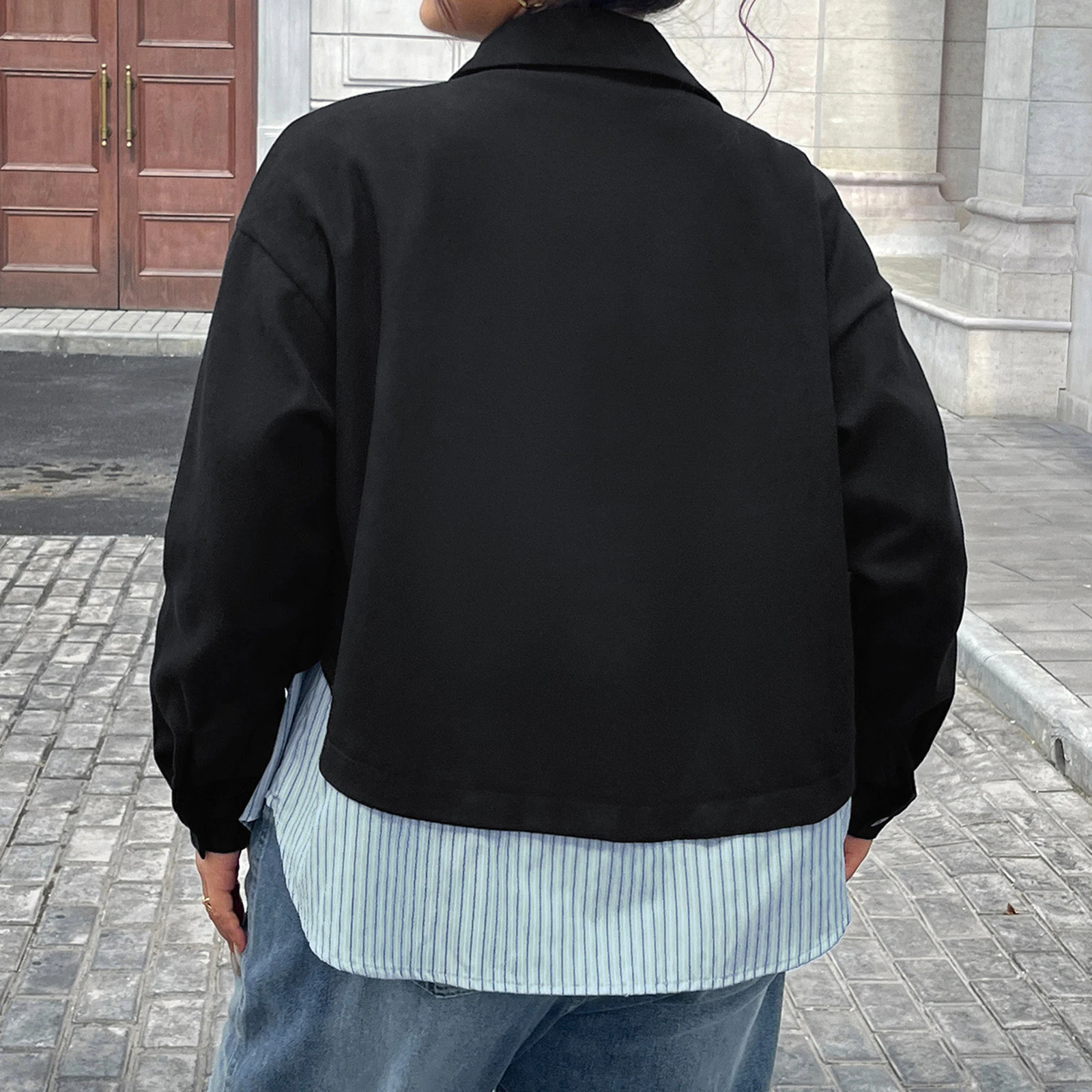 

2026 модная женская повседневная куртка, осенняя черная тонкая куртка с длинным рукавом и отложным воротником на пуговицах в полоску в стиле пэчворк, верхняя одежда