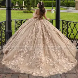 Vestido De baile De quinceañera con cuentas De cristal, manga desmontable, apliques De flores 3D, corsé De encaje, champán, 15 Años