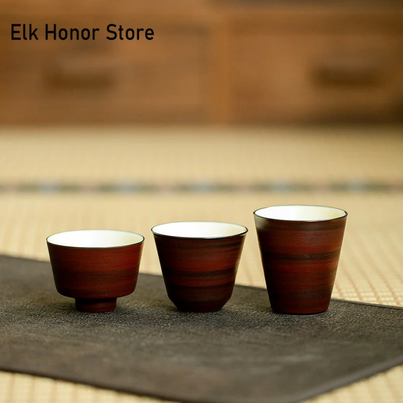 2pc/set Japanese Powder Yin Red Teacup Handmade Coarse Pottery Cup Small Master Cup Black Ink Chahzan Kung Fu Tea Set Drinkware