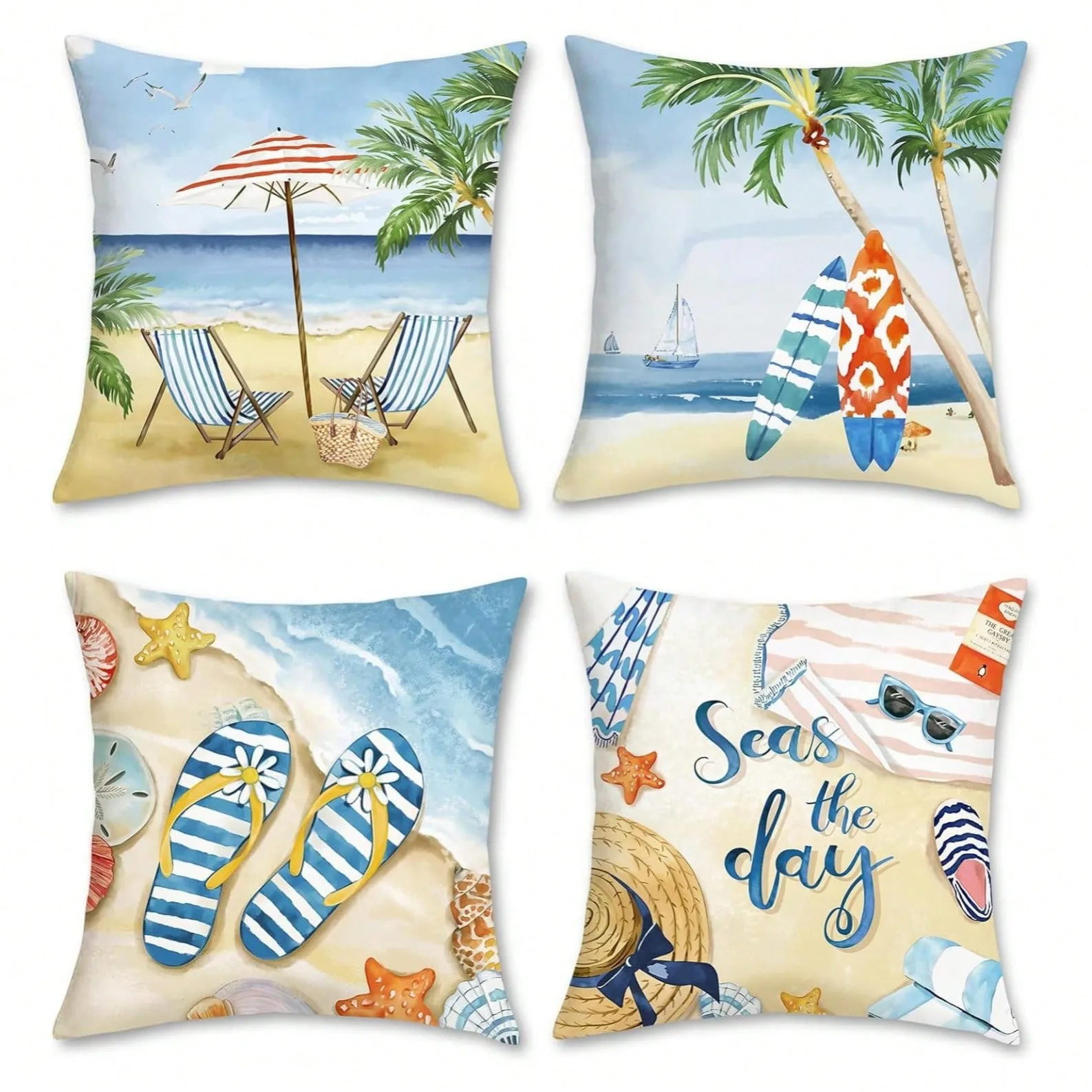 

Summer Beach Palm Tree Tropical Wave Print Cotton Linen Throw Pillow Cover Nautical Theme Sofa Bedroom Patio Home Decor