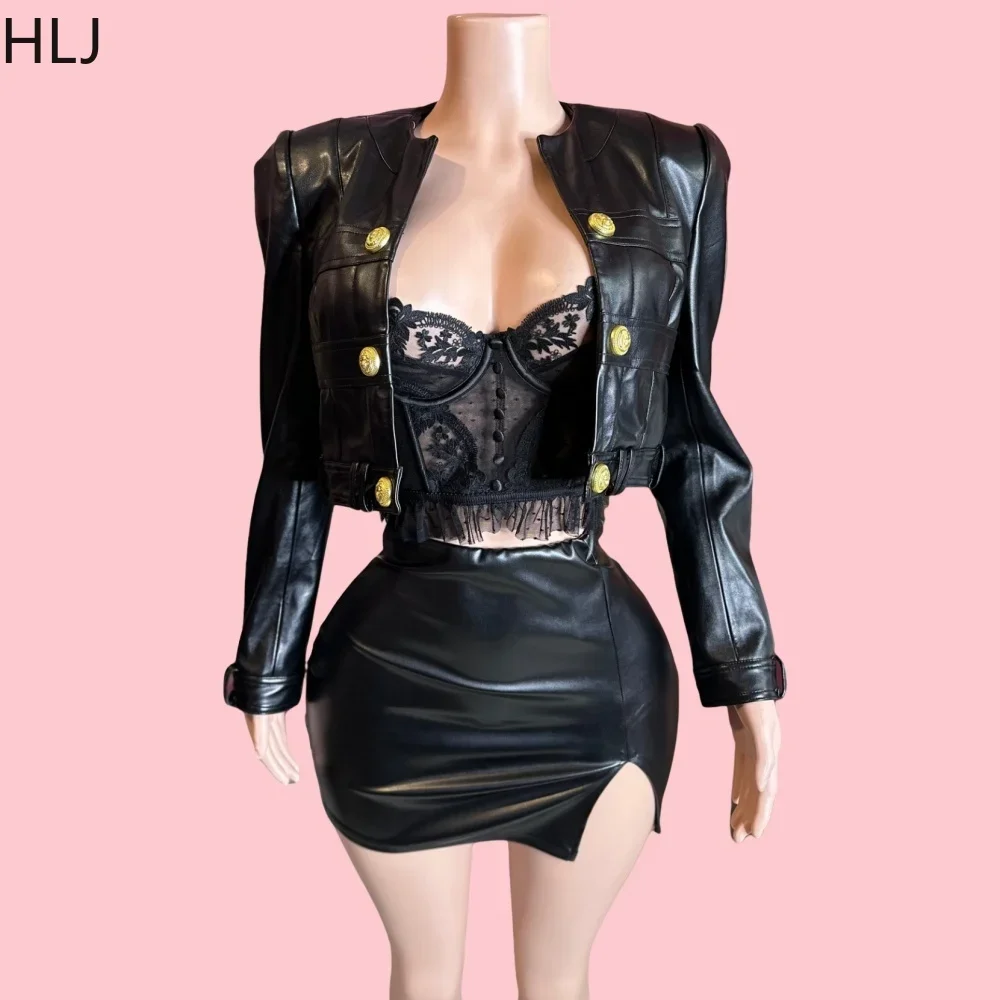 

HLJ Black Fashion Leather Slim Jacket 3 Piece Set Women Lace See Though Tank Top+Long Sleeve Coats+Mini Skirts Outfit Streetwear