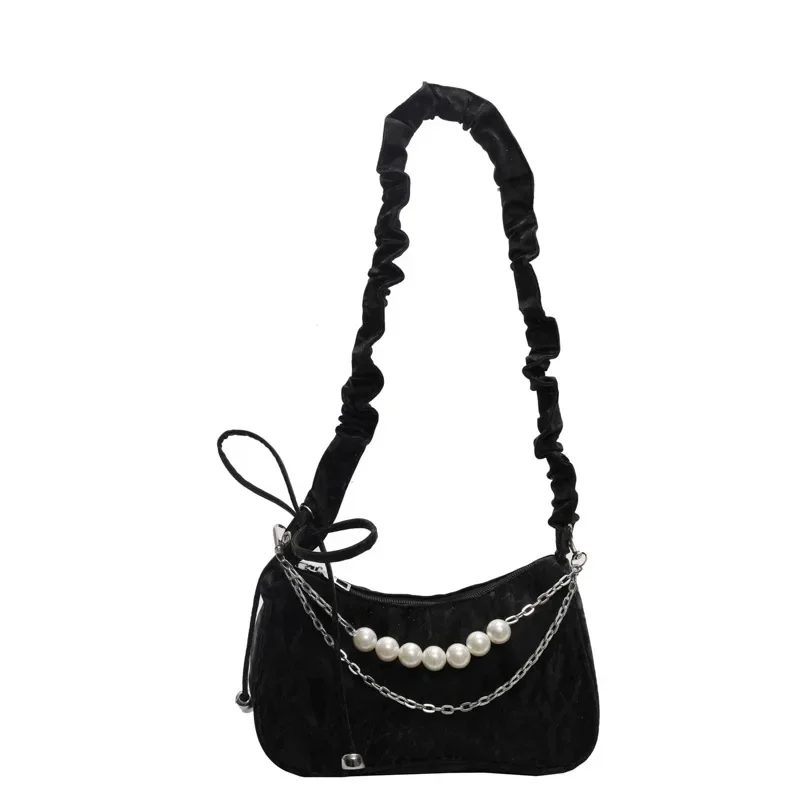 Bolso tipo mensajero de hombro para mujer de primera calidad, bolso baguette con cadena de perlas a la moda