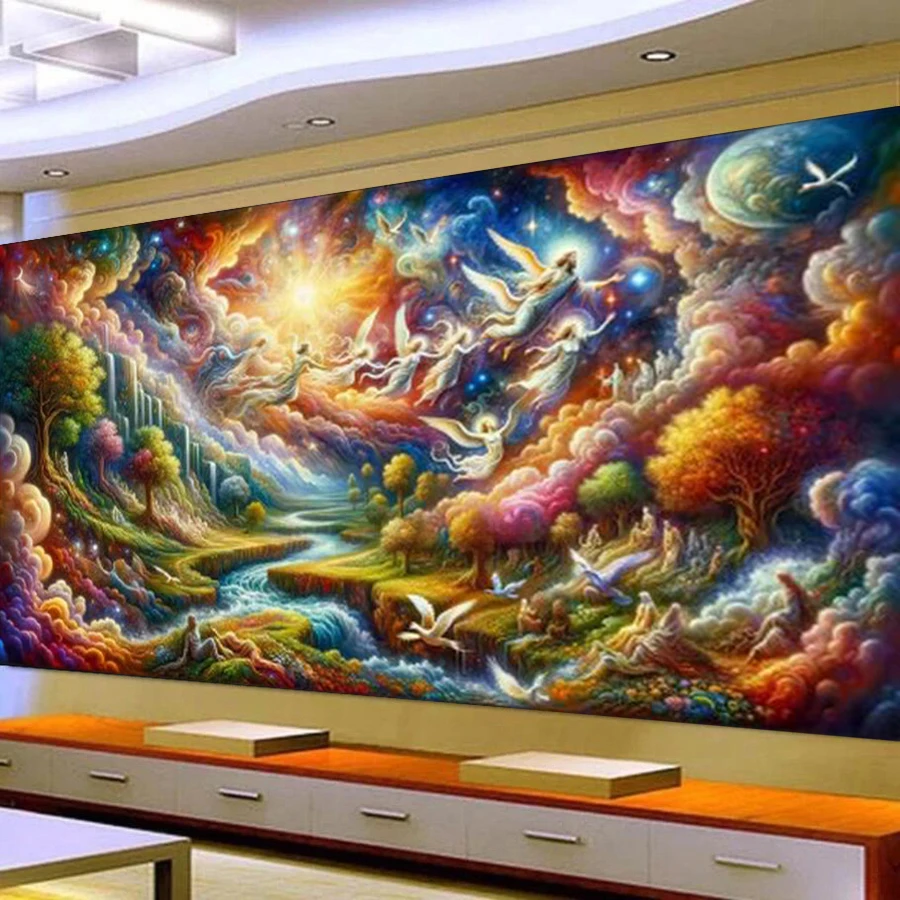 Fullcang Large Size Diamond Painting Landscape Colorful Cloud Angel Diy Full Mosaic Embroidery Sky Scape Picture Wall Decor