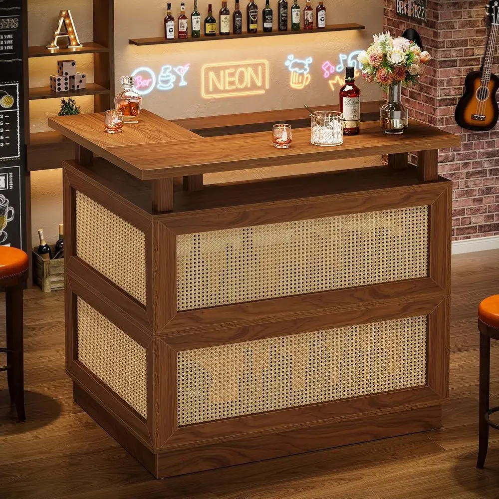 

L-Shaped Bar Table with 4-Tier Storage, Rattan Unit featuring 2 Stemware Racks and Elevated Base, Compact Coffee Liquor Cabinet