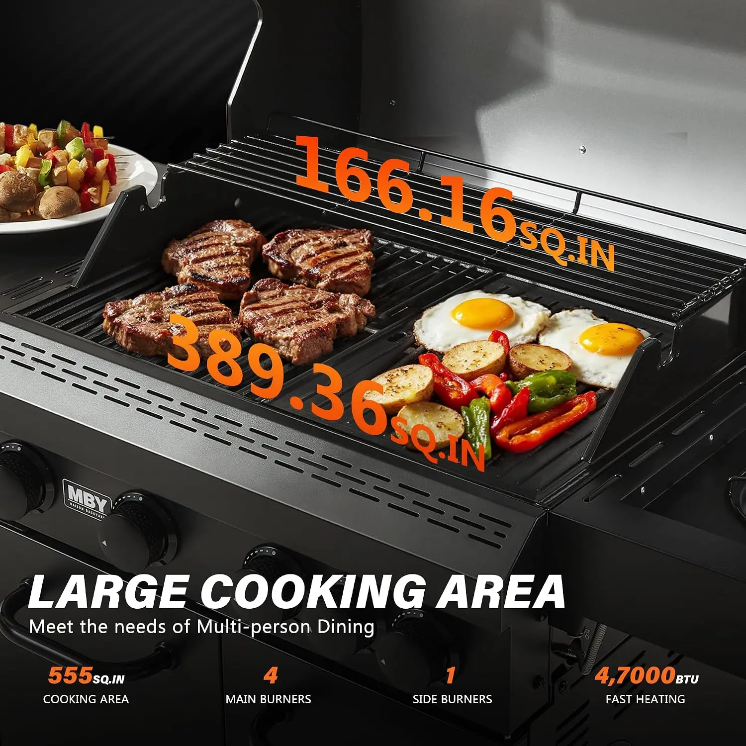 4+1 Burner Propane Gas Grill,47,000 BTU Outdoor BBQ with Enameled Cast Iron Grates and Side Tables, Portable for Backyard, Patio