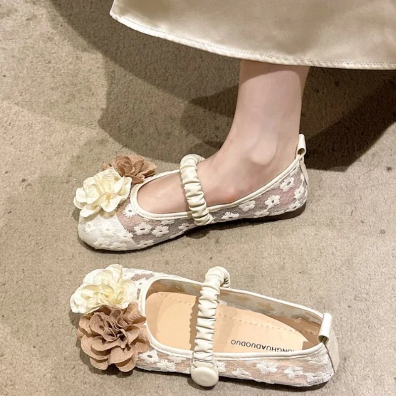 Flower Mesh Lace Flats Mary Janes Shoes Women Sandals Summer Dress Comfort Shoes New Shallow Designer Casual Zapatillas De Mujer