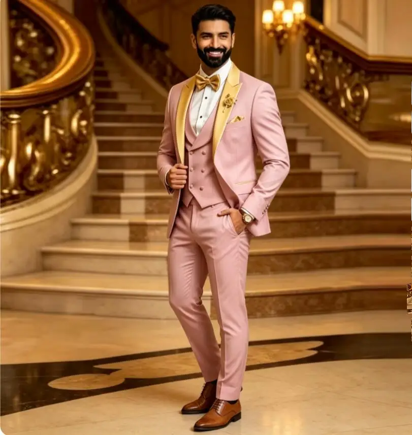 Elegant Formal Men Suits Gold Peak Lapel Wedding Party Groom Groomsman Prom Business Male Tuxedos 3 Piece Set Jacket Vest Pants