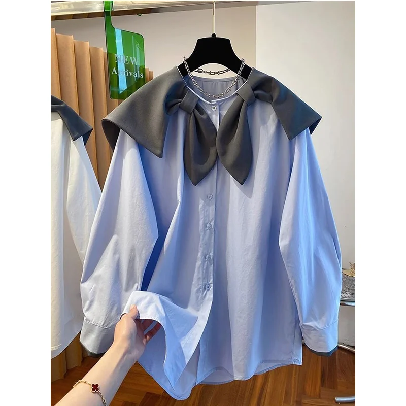 

Осень 2023, новая повседневная корейская лоскутная блузка с отложным воротником и длинными рукавами, женская модная свободная женская рубашка с пуговицами и бантом, топы