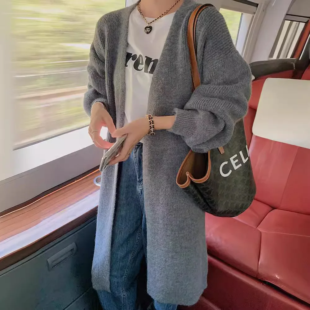 

Casual Style plus Size Women's Mid-Length Knitted Open Cardigan Autumn Winter Thickened Lantern Sleeve Pure Color Sweater Jacket