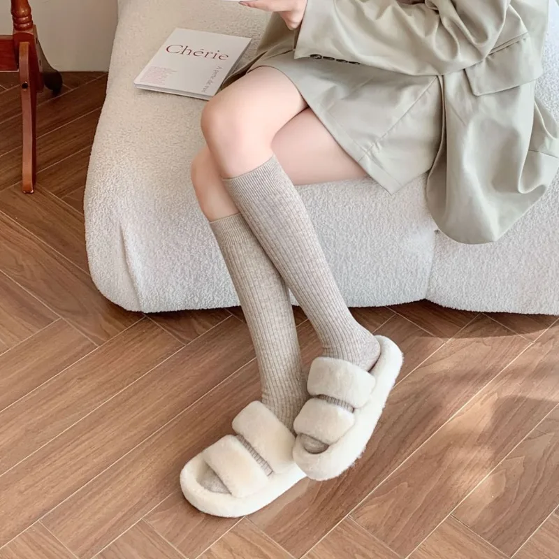 

1 Pair Wool Calf Socks Fall Winter Thickened Soft Cashmere Knee-High Socks Korean Style Solid Color Warm Long Socks Stockings