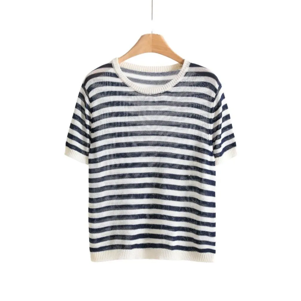 Summer Imported Paper Short-Sleeved T-Shirt Slim Fit Navy Blue Striped Cool Comfortable Breathable High Quality Women's Sweater