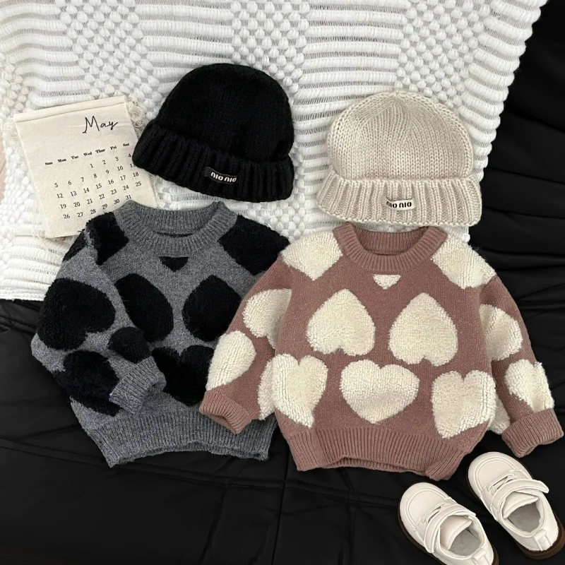 Boys Girls Warm Sweater Kids Top 2025 Winter Heart Beige Korean Knitwear Baby Thickened Top 0-4 Years Old Children's Clothing