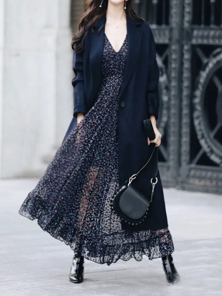 

Women's Floral Print Robe Long Puff Sleeve V-Neck Irregular Vintage Midi Dress
