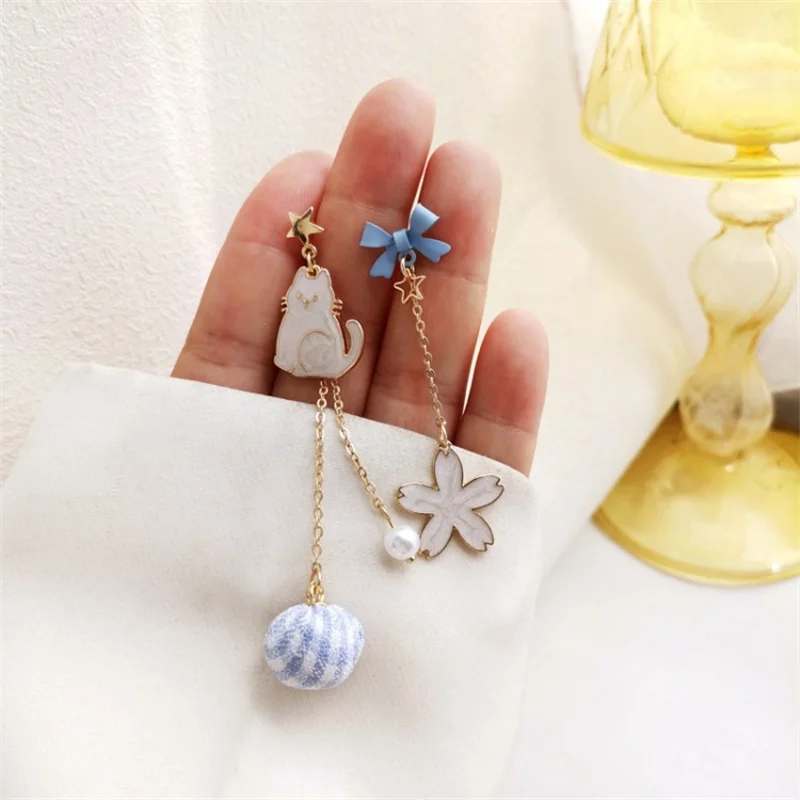 Nette Emaille Katze Ballon Stud Ohrringe für Frauen Koreanische Trendy Schöne Kaninchen Blume Asymmetrische Quaste Ohrring Partei Schmuck – Detail 6