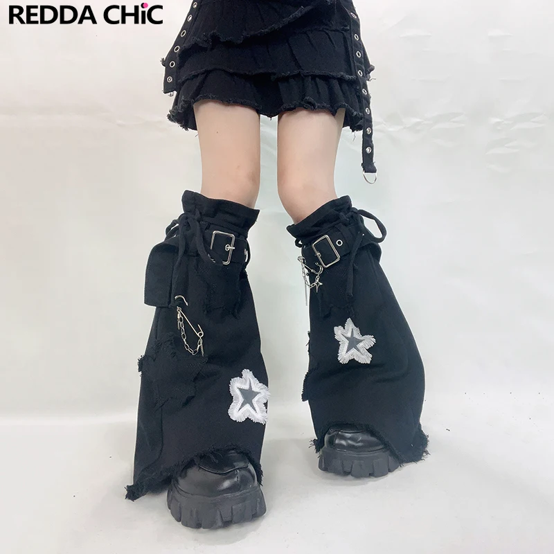 

REDDACHiC Metal Chain Decor Star Y2k Leg Warmers Women Denim Gaiter Bandage Belt Black Boots Cover Knee-long Socks Acubi Fashion