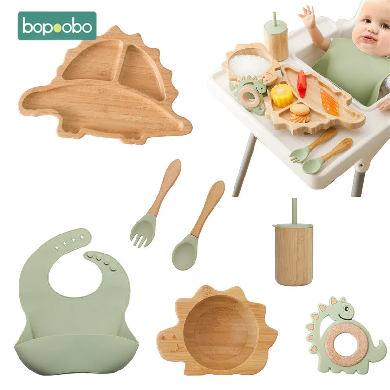 7Pcs/Set Children Wooden Sensory Teether Toys Cute Dinosaur Shapes Tableware Set Bowl Plate Cups Suction Plate Non-Slip Bowls