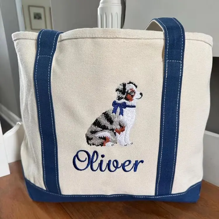 Custom Pet Portrait Canvas Tote Personalized Dog Cat Mom Gift Two Tone Large Capacity Zipper Front Pocket Commute Shoulder Bag