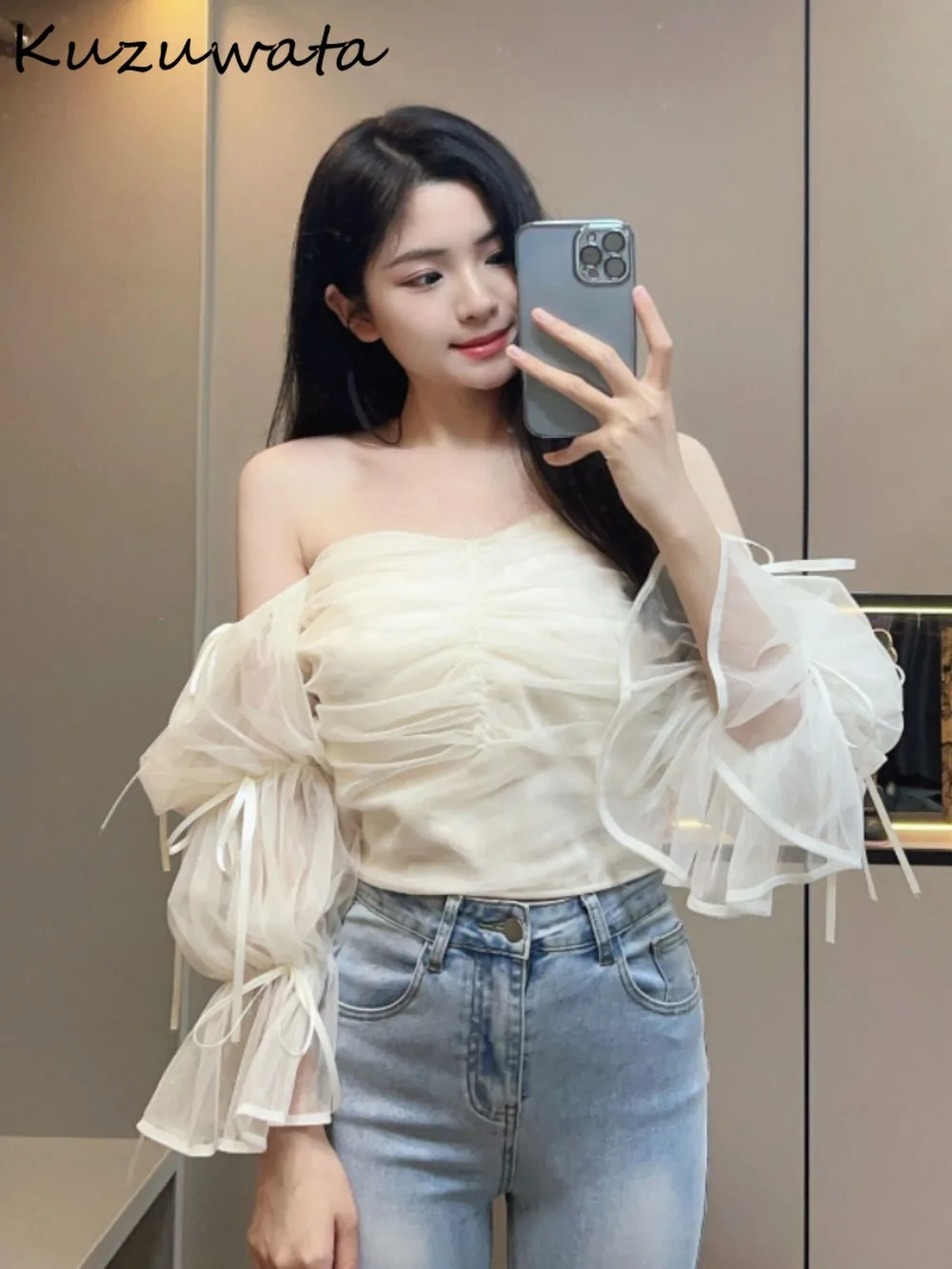 Kuzuwata New Sweet Slash Neck Puff Sleeve Fresh Blusas Off Shoulder Voile Lace Up Drawstring Shirt Japan Bow Two Pronged Blouses