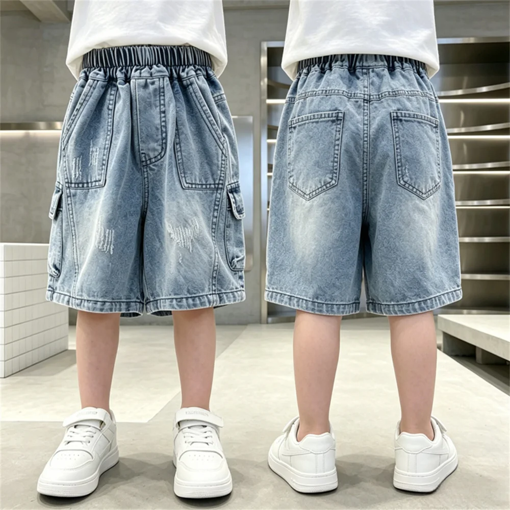 

Summer New Baby Boy Vintage Blue Denim Shorts for Kids Casual Knee Length Jeans Children Street Style Bottoms Age 2 To 13 Years