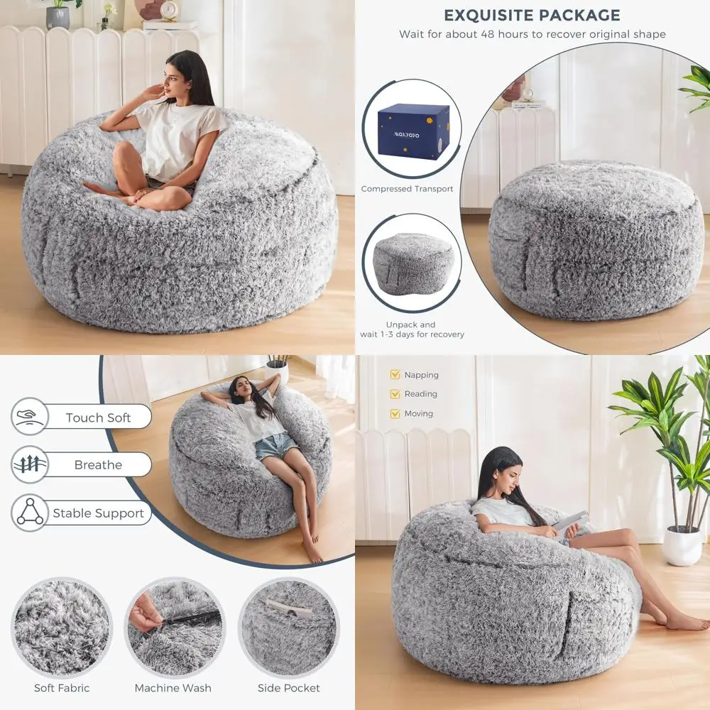

4ft Adult Bean Bag Chair with Soft Fur Cover, Foam Filled, Washable Couch for Living Room & Bedroom