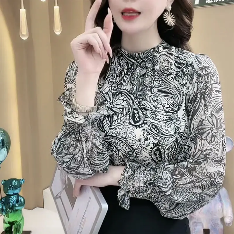 Fashion Elegant Spring Summer New Chiffon Blouses Women\'s Round Neck Spliced Ruched Printed Shirring Long Sleeve Pullover Shirts