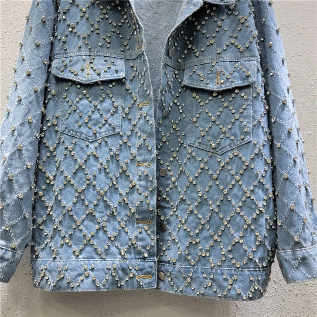 

Женская жаккардовая джинсовая куртка в стиле ретро, осенний модный дизайн, свободная повседневная верхняя одежда для тяжелой промышленности с бриллиантами
