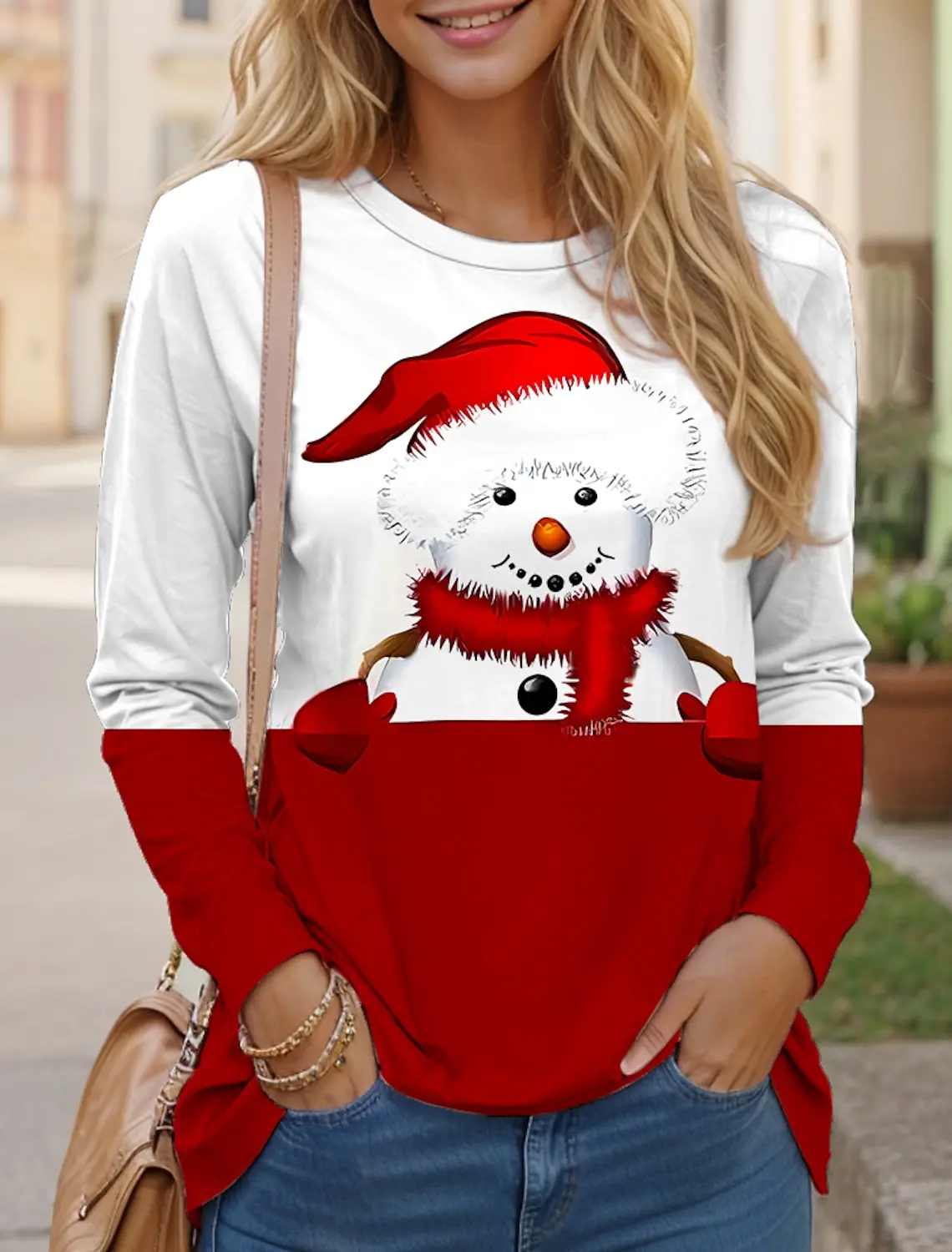 Christmas Snowman Women\'s T-shirt O Neck Oversized Pullover Female Party Clothes Daily Street Sweatshirt Casual Long Sleeves