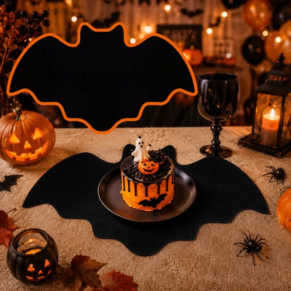 10Pcs Creepy Style Creative Bat Shape Table Mat Soft Decorative Halloween Felt Tablecloth Non-Slip Black Place Mat Bedroom Decor