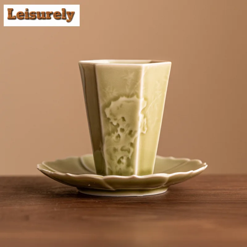 

70ml Yaozhou Kiln Celadon Hexagonal Master Cup Relief Taihu Lake Stone Tea Bowl With Saucer Kit Tasting Tea Cup Saucer Drinkware