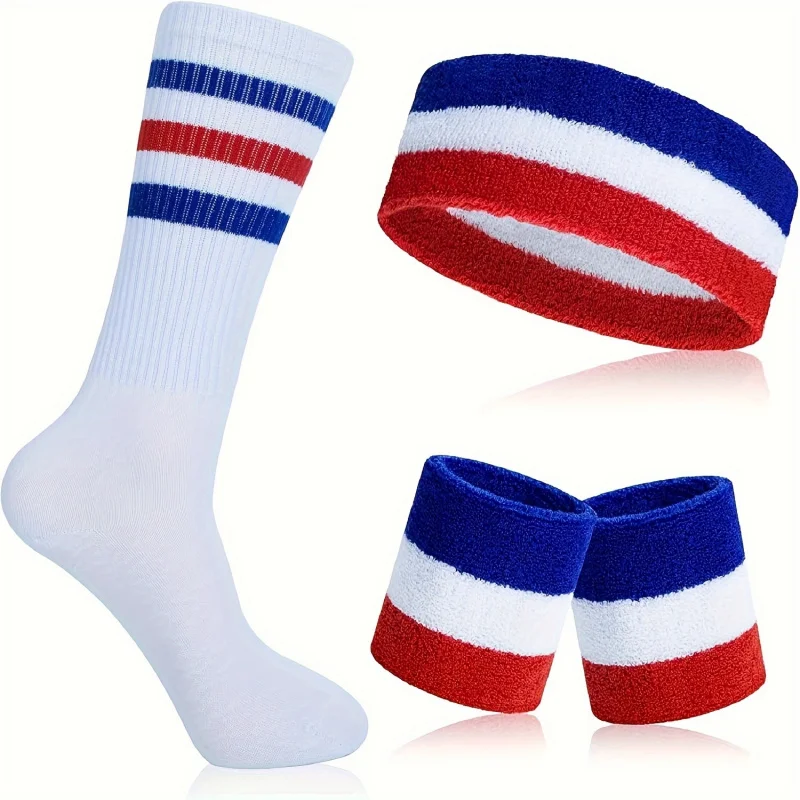 

Unisex Hairbands Set Including 1 Sports Headband +2 Wrist Sweatbands +1 Pair Striped Sock Gym Workout Yoga Soccer Boxing Tennis
