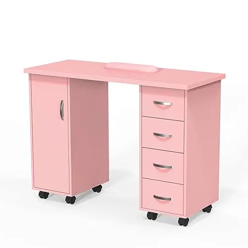 OmySaon Manicure Table Nail Desk w/Cabinet, Drawers, Wheels & Wrist Rest, Spa Salon Beauty Home Wooden Technician