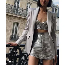 Silvery Sets for Women 2 Pieces Sexy Crop Tops + High Waist Mini Skirks Set New in Matching Sets Y2k Clothes 2024 Women's Suit