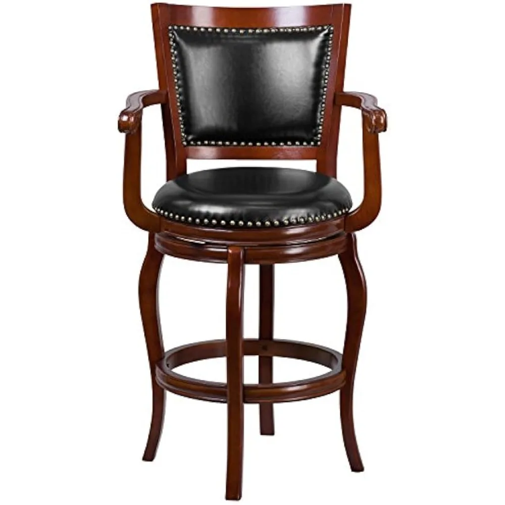 Café Chairs Vestina 30" LeatherSoft with Footrest and Arms, Classic Ladder Back Upholstered Cherry Wood/Black Cafe Chairs