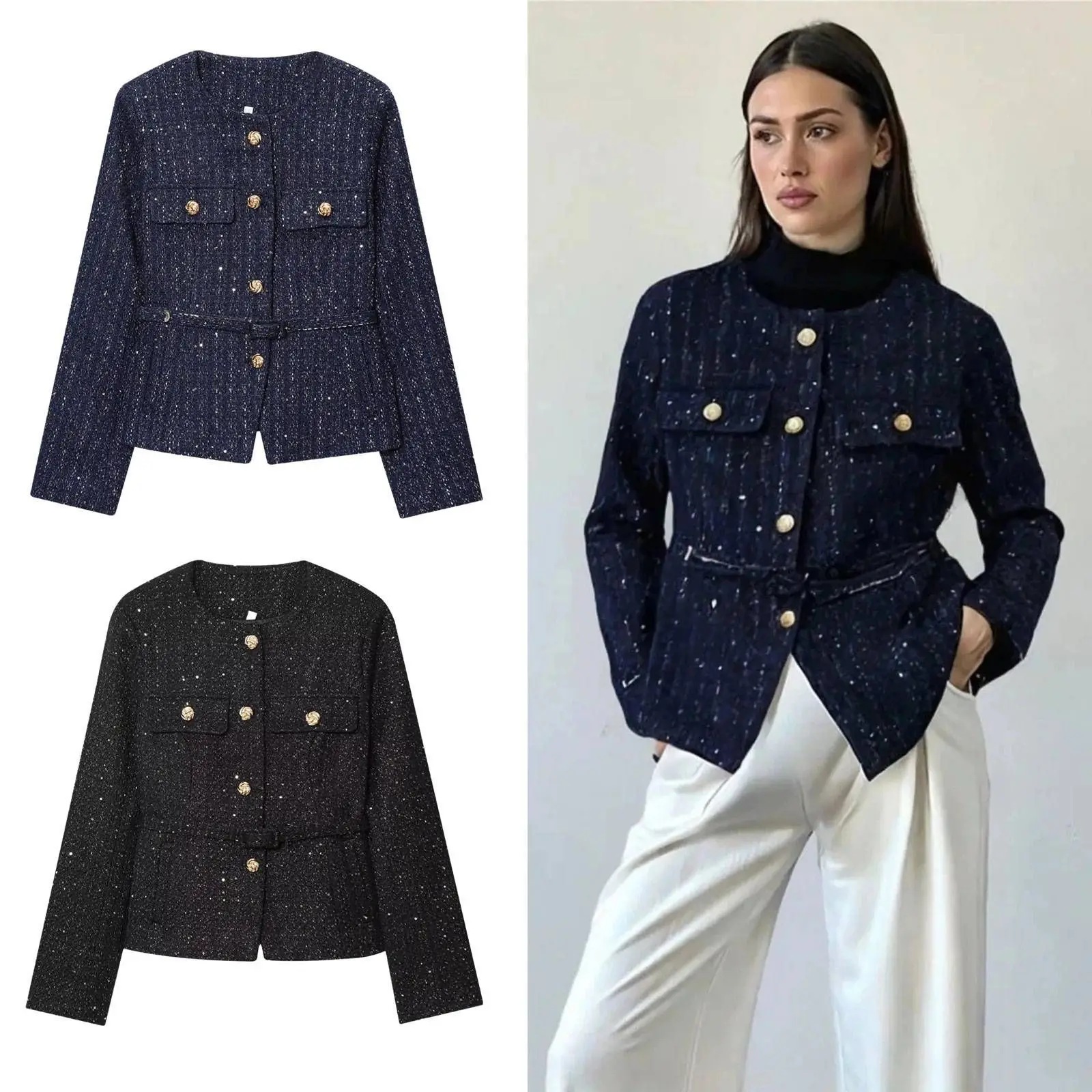 Jaket Tweed Berpayet Mode Musim Gugur Wanita Elegan Wol Kancing Luaran Kasual Longgar Hangat Lengan Panjang dengan Sabuk