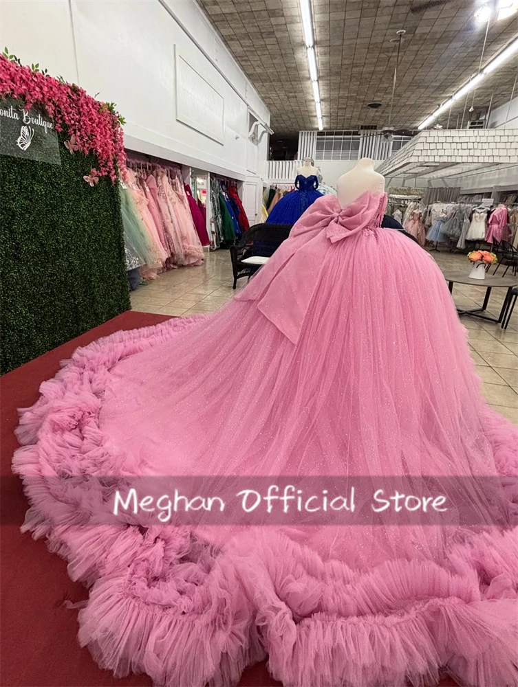 Roze Glanzende Quinceanera Jurken Uit De Schouder Kant Kralen Boog Tiered Tull Party Verjaardag Sweet 16 Jurk Vestidos De 15
