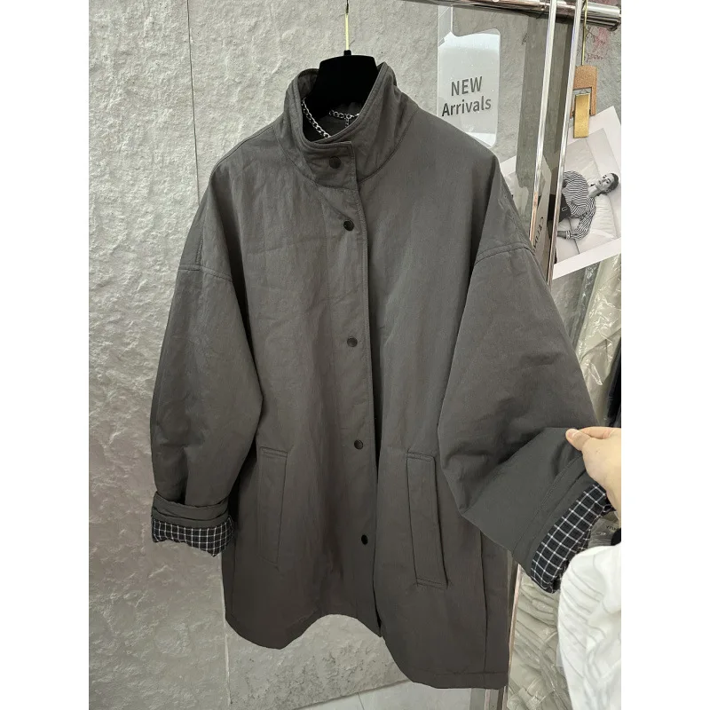 

Осень-зима 2024, новое свободное повседневное однобортное хлопковое пальто с воротником-стойкой, клетчатое лоскутное пальто, женское однотонное пальто