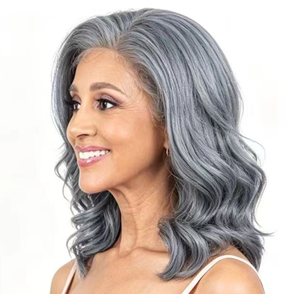 Grey Mix White Wig for Women Short Wave 13x4 Lace Front Synthetic Hair Wigs Natural Salt and Pepper Daily Wear Cosplay Wig