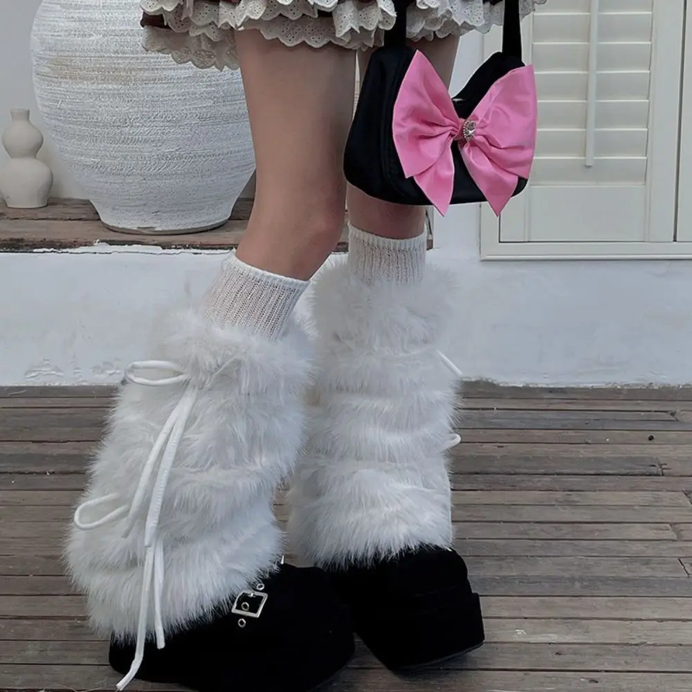 Bow Tie Faux Rabbit Fur Leg Warmers Winter Warm Harajuku Plush Leggings Boots Cover Lolita Spicy Girl Piled Calf Socks