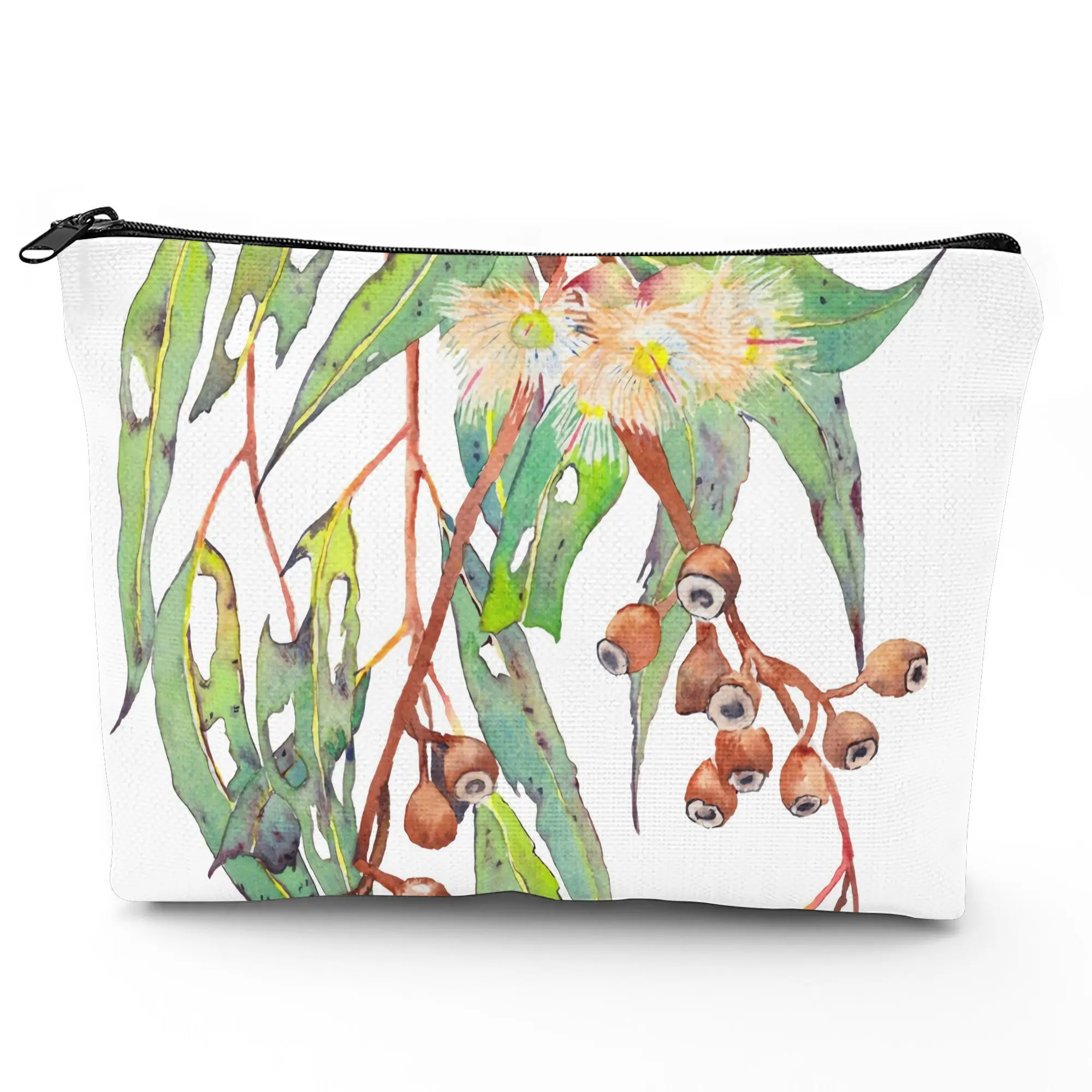1 Piece White Floral and Fruit-Patterned Eucalyptus Branch Makeup Bag - Multifunctional Zipper Pouch for Women, Perfect Travel