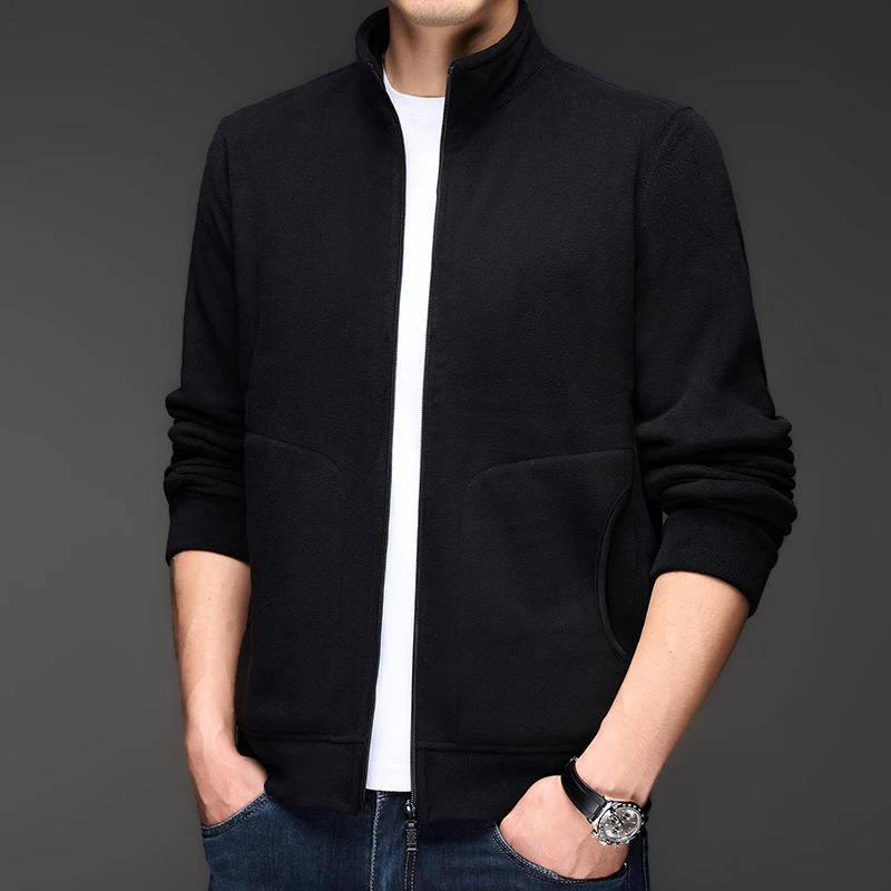 

High quality autumn and winter new mens casual coat velvet warm zipper cardigan top exquisite solid color stand up collar jacket