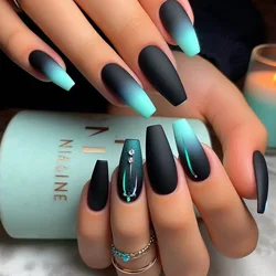 24 Pcs Fashion Long Press on Nails Simple Nail Tips Black Green Gradient Self-adhesive False Adhesive Nails Artificial Nails Set