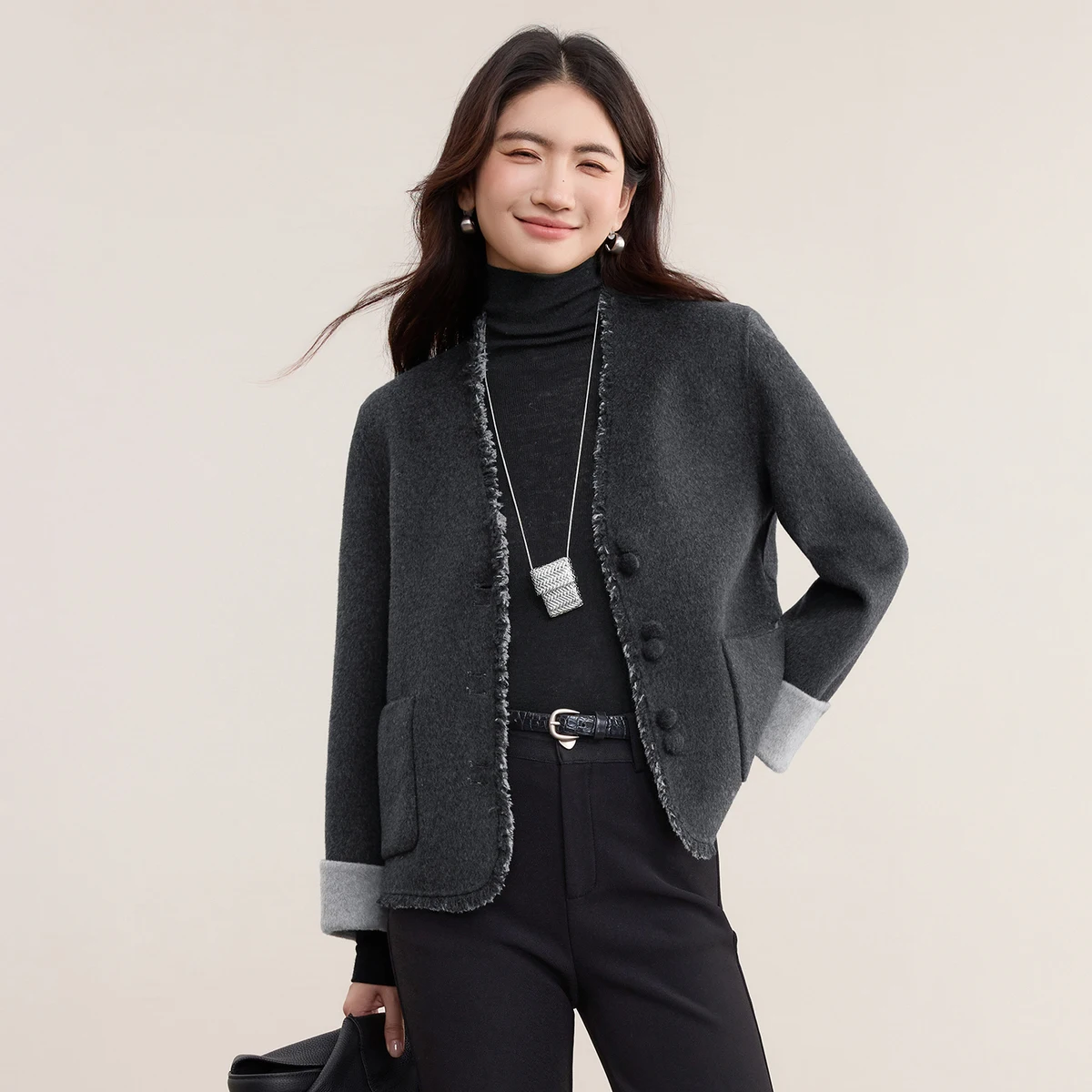 

SENTUBILA 2 в 1, двустороннее женское пальто, шерстяная двусторонняя твидовая куртка, зима 2025 года, пальто контрастного цвета с круглым вырезом W54OG2909