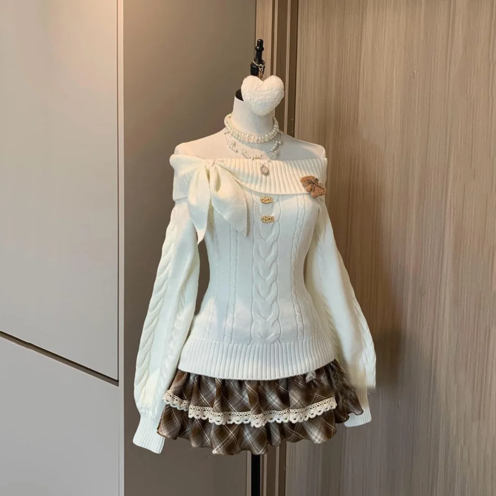 Vintage Korean Sweet Cute Y2k Off Shoulder Sweater Slim Fit Long Sleeved Lapel Top Long Sleeve Sweater Elegant Chic Pullovers