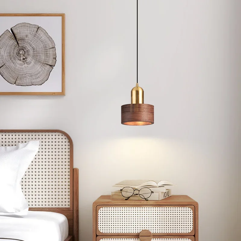 

Retro Pendant Light Brass Walnut Hanging Lamp Home Decor Bar Counter Bedroom Bedside Living Room Study Led Ceiling Chandelier