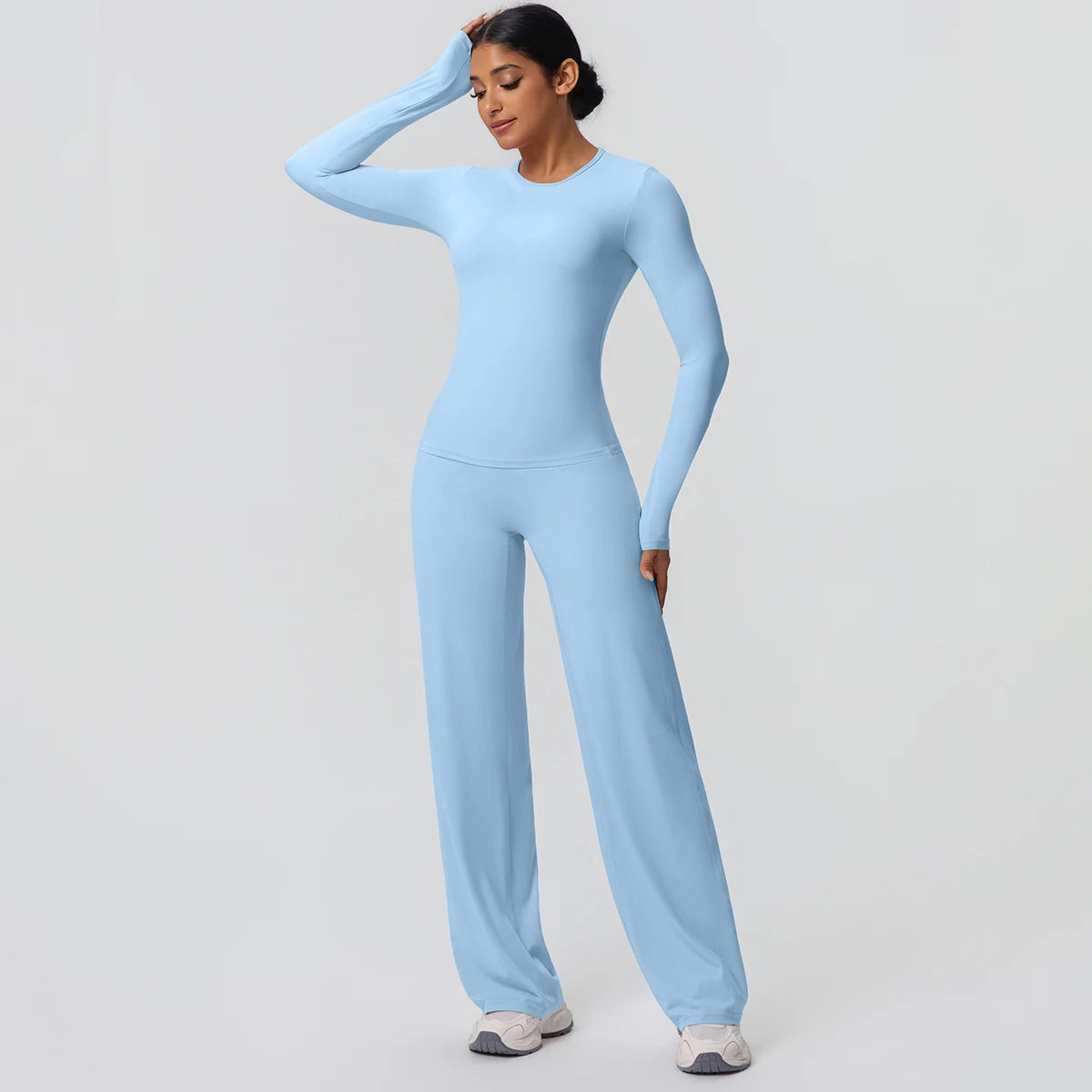 2 stück Frauen Gym Yoga Set Lauf Shirts Schlank Lange Ärmel Workout Top Schnell Trocknend Hohe Stretch Breite Bein Hosen dünne Yoga Set – Detail 32