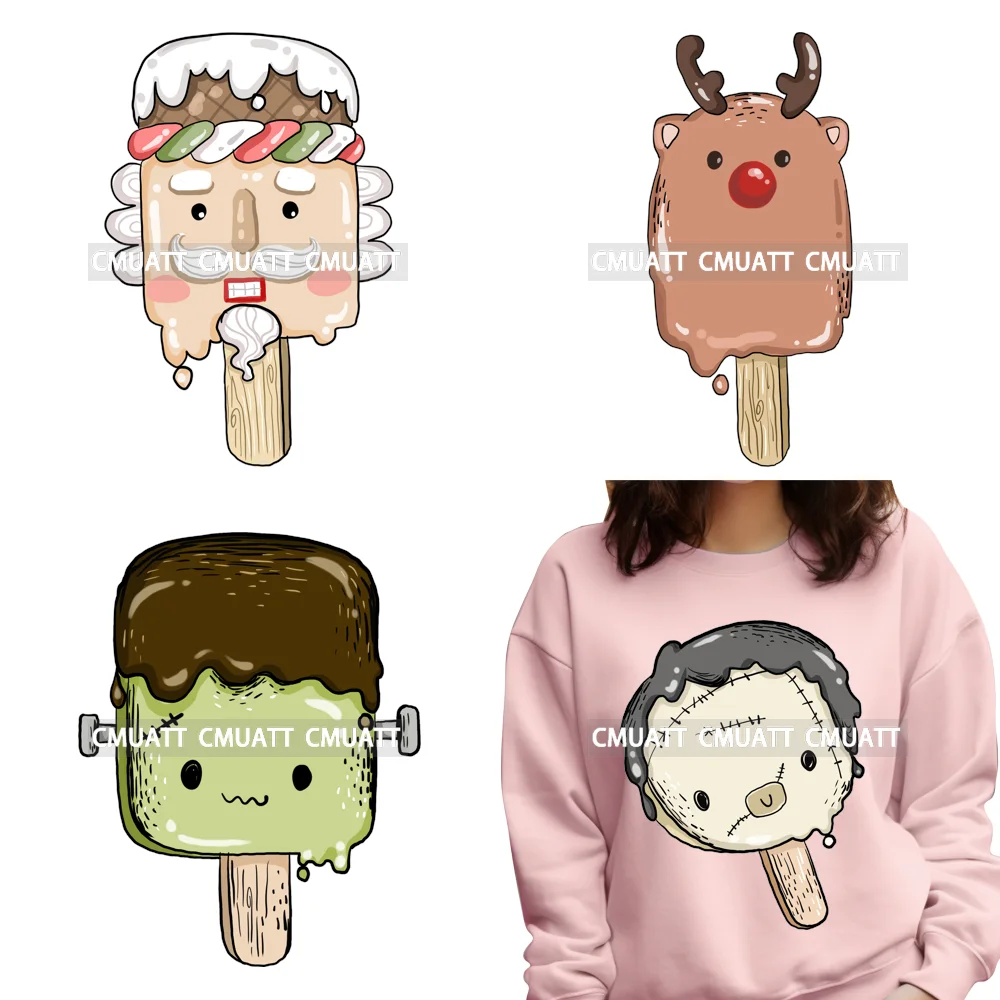 

Funny Santa Chstistmas Popsicles Horror Halloween Ice Cream Iron on DTF Washable Transfers Stickers Ready to Press for Clothing