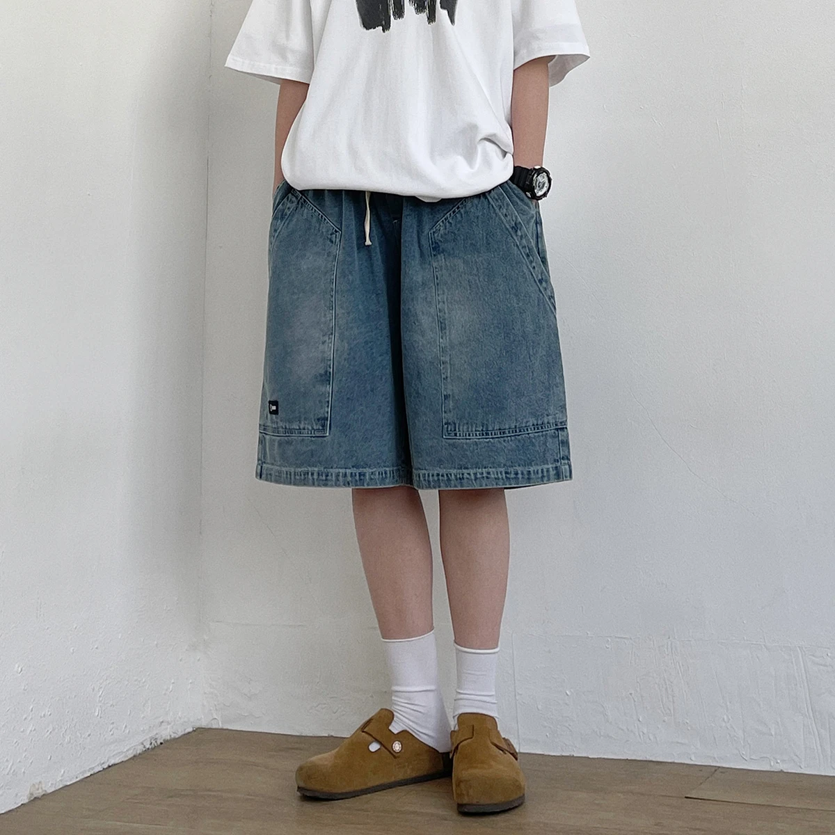 

Джинсы Joyzone летние, тонкие, свободные, в стиле американского ретро, с эластичным поясом, широкие штанины, джинсы-пятичетверти, повседневные, свободного прямого кроя