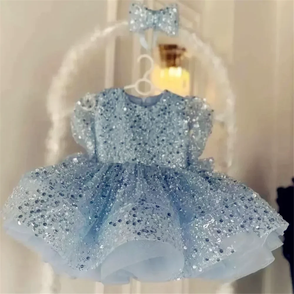 Luxury Flower Girl Dress Crystals Princess Scoop Neck Puff Party for Wedding Tulle Christmas Ceremonial Baby Christmas Dresses